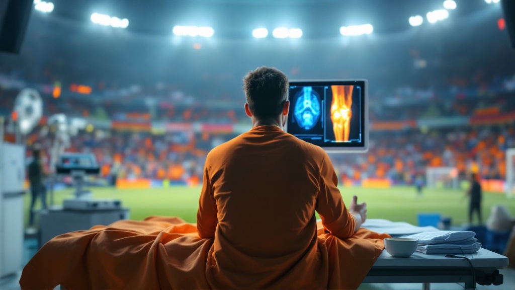 Imagem original da Golmetria sobre lesão de Holanda na Copa do Mundo, imagem cinematográfica gerada por IA; sem fotos reais, sem semelhança de pessoas reais e sem escudos.