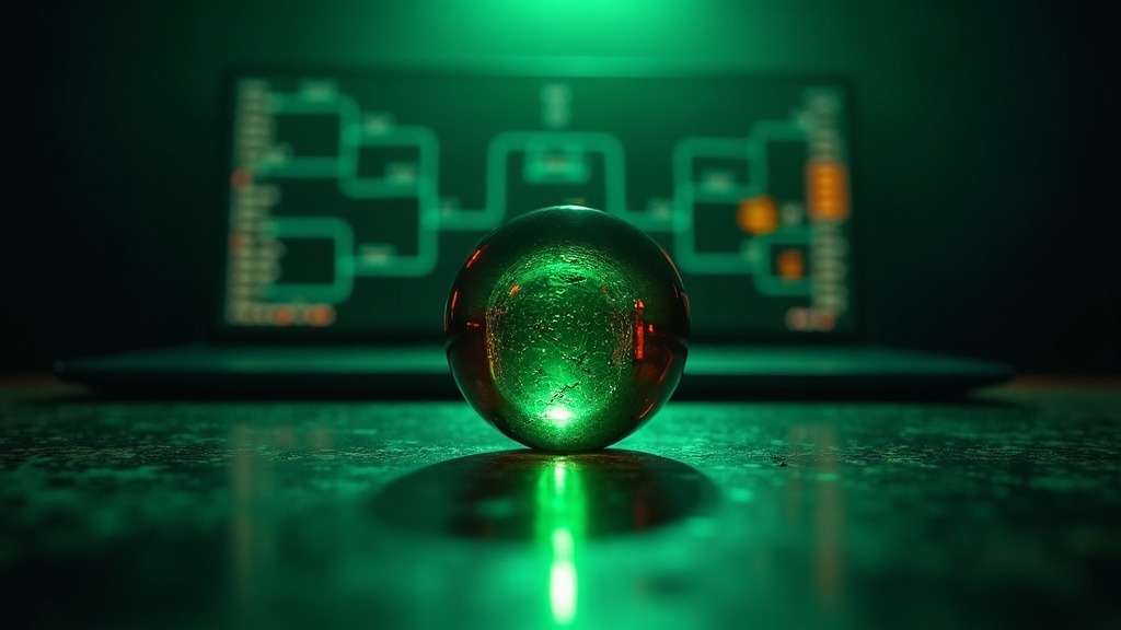 Editorial illustration: a crystal ball in front of a probability scoreboard, in a stadium at night